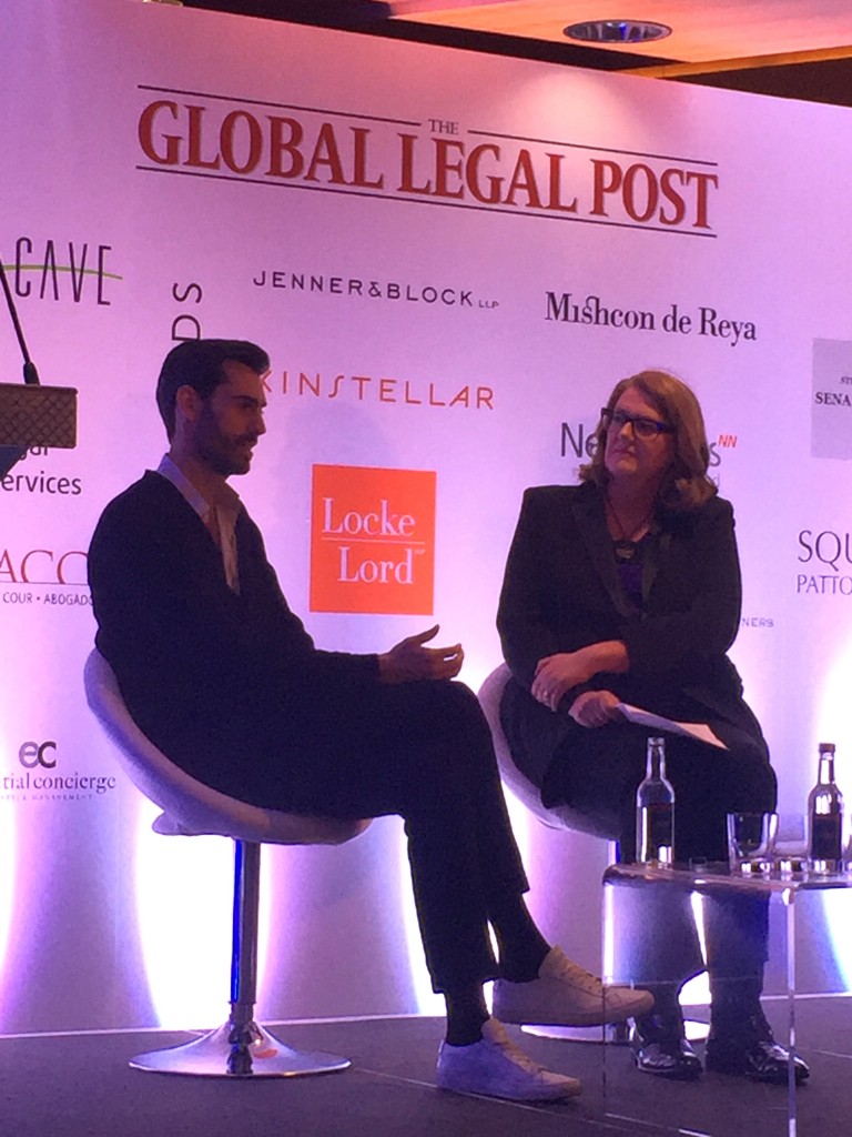 Marion on stage with Founder & CEO of Lyst, Chris Morton, at the Luxury Law Summit at the Four Seasons Hotel in London, 17 May 2016.